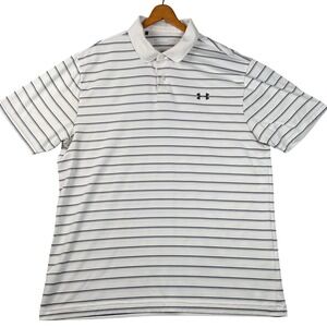 Under Armour Polo Shirt Mens Large White Striped HeatGear Loose Fit 1342082